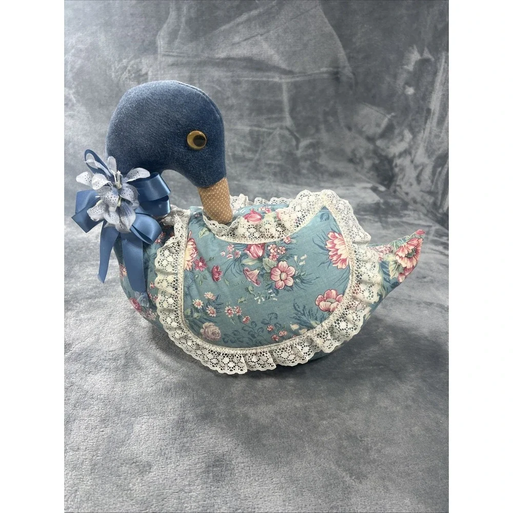 Vintage Country Goose Figurine Farmhouse Decor Stuffed Cottage‎ Blue Floral Lace
